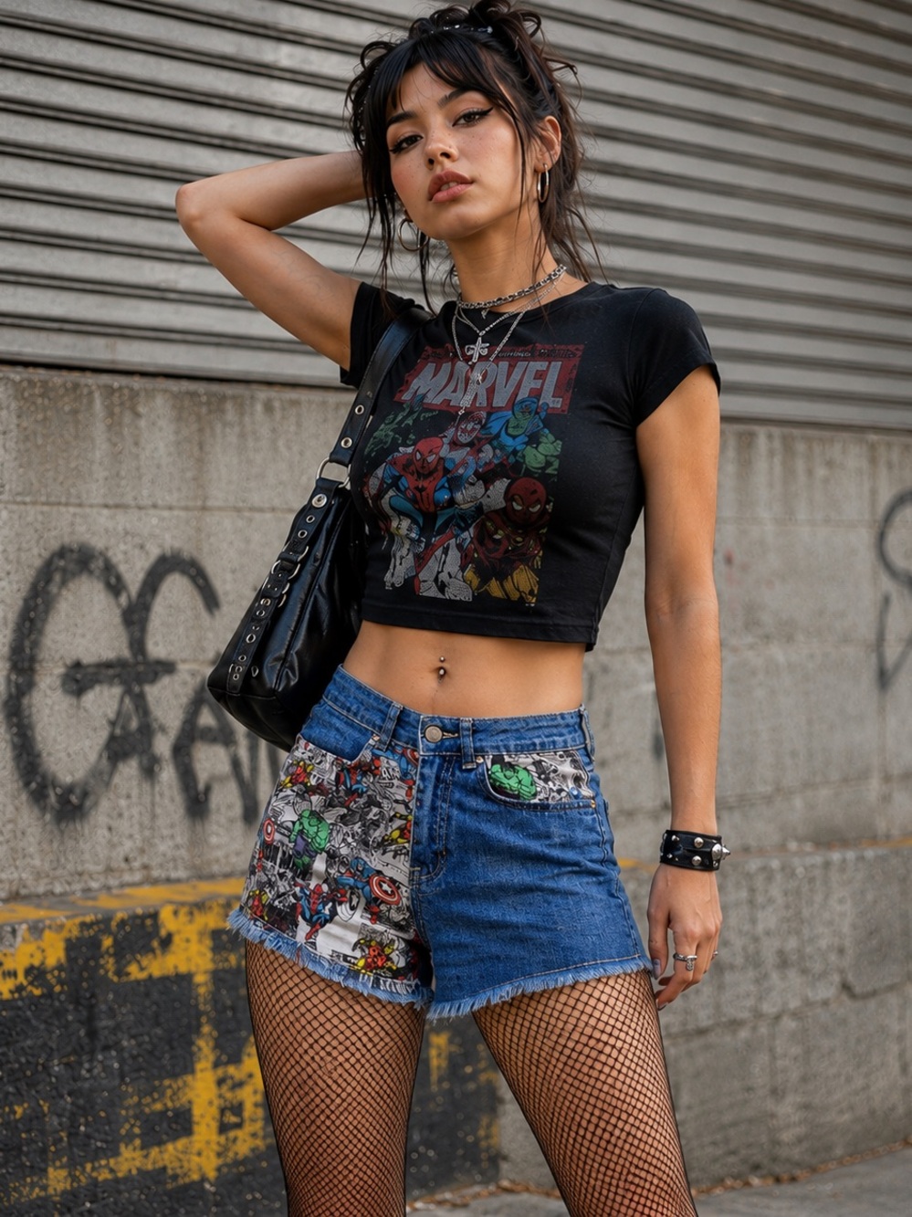 MARVEL COMICS Y2K Patchwork Denim Shorts | Alt Girl Streetwear | Comic Print